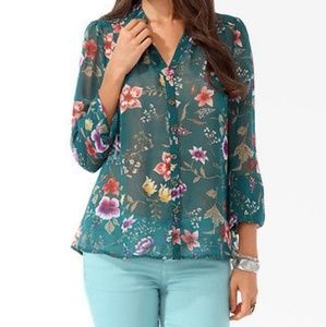 NWT Sheer Multicolor Floral Print Button Up Top